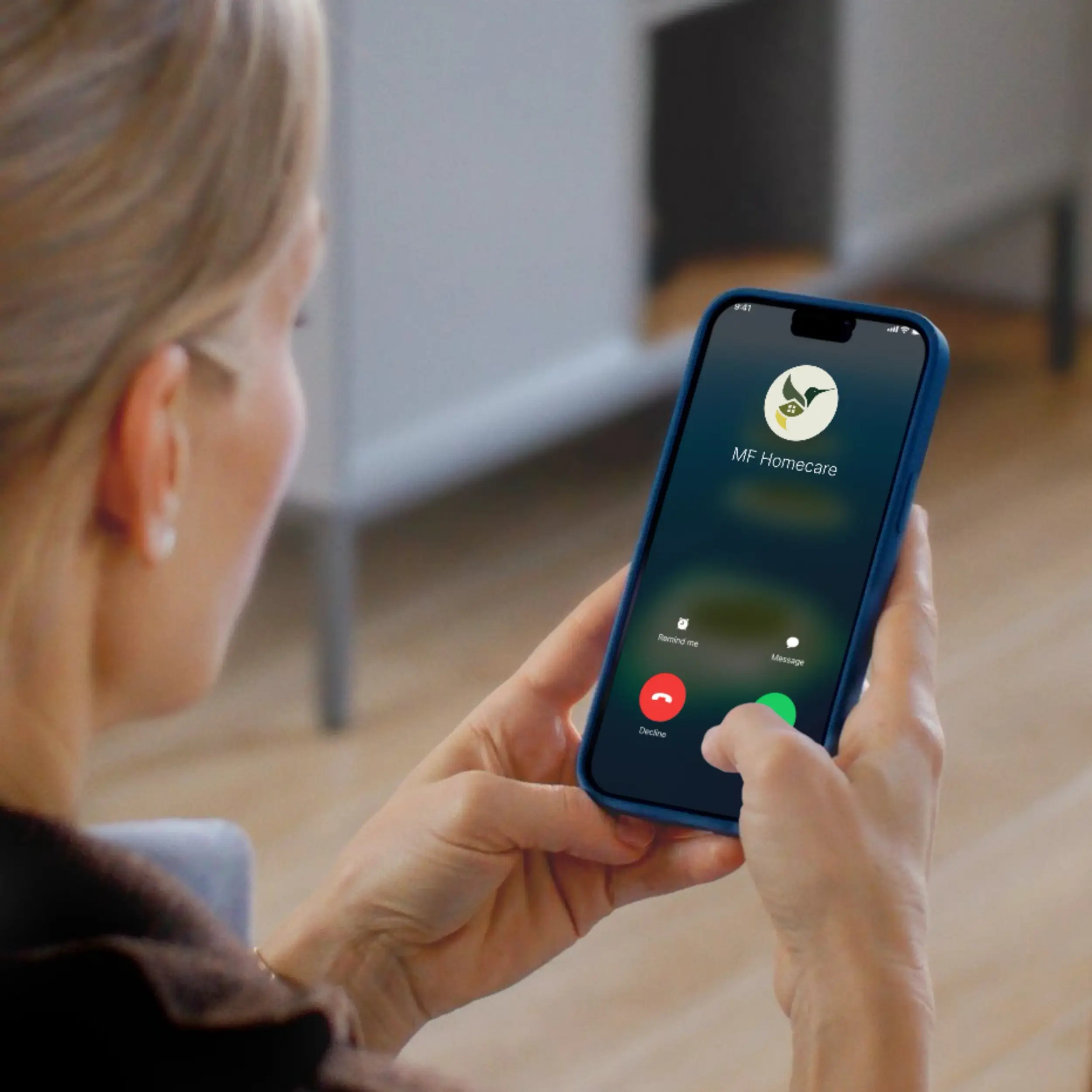woman calling MF Homecare on their mobile phone, searching for home care services near her