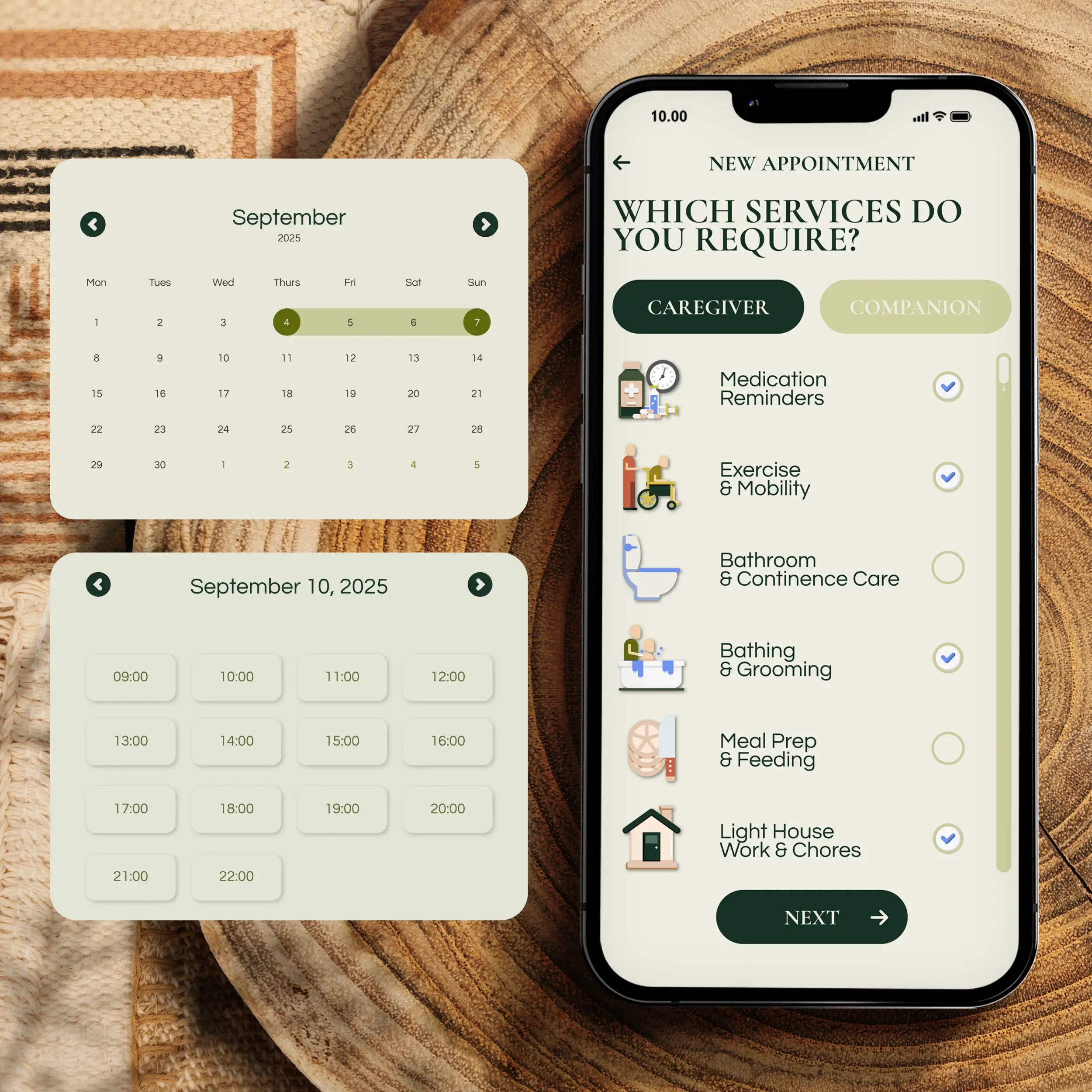app screen showing ability to choose care services needed and dates and times of desired home care appointments