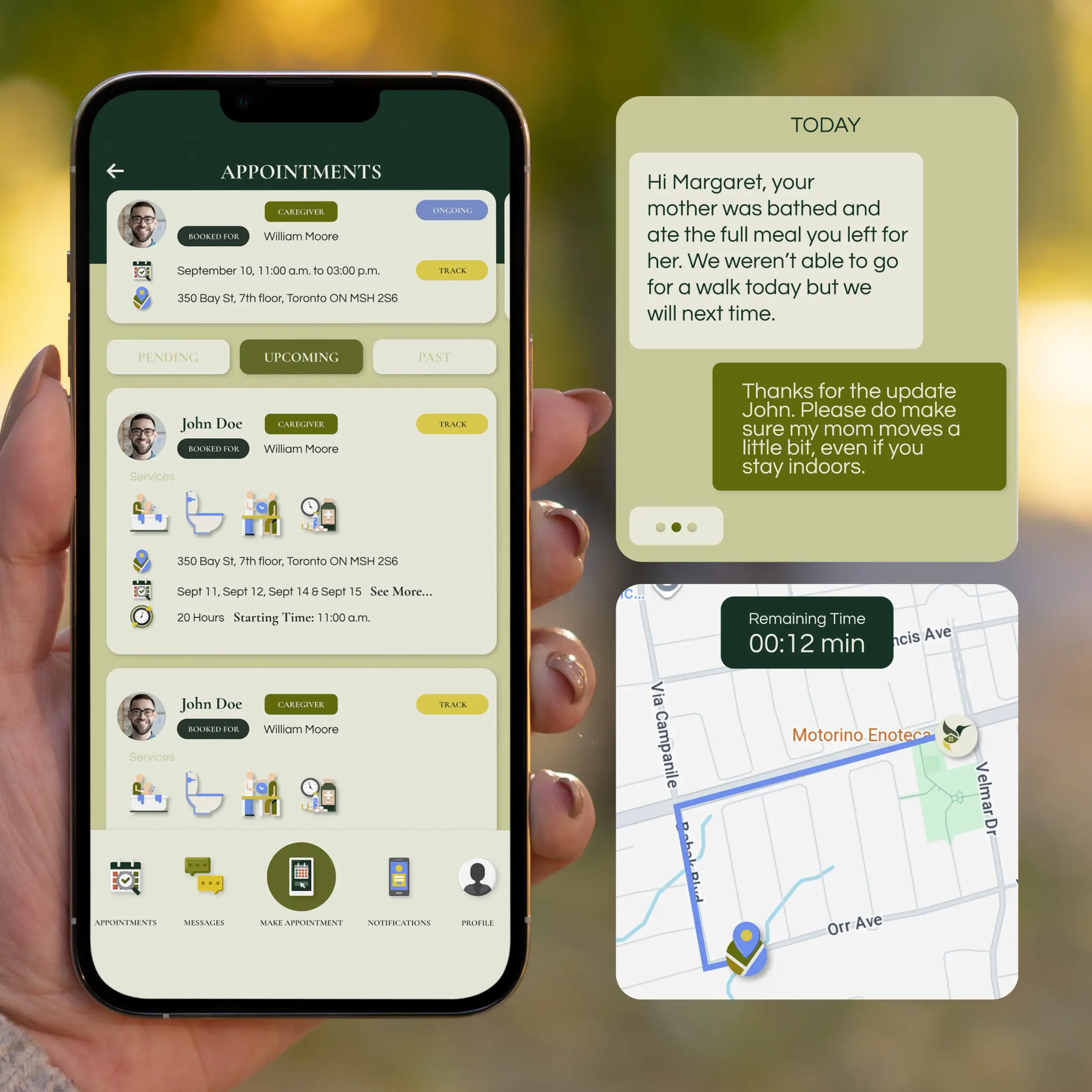 app sreens showing an appointment dashboard, allowing you to manage appointments, as well as in-app chat and caregiver arrival tracking features.