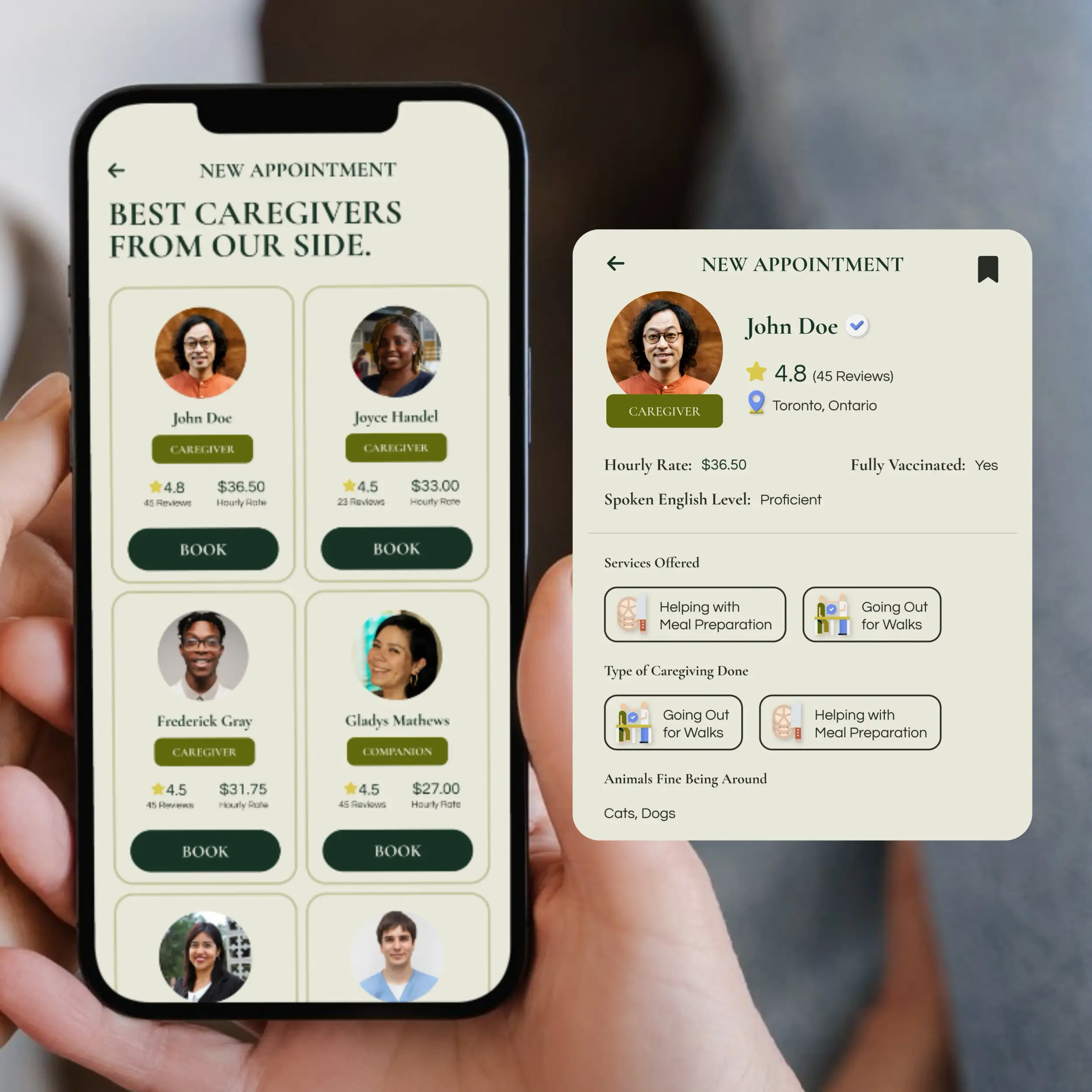 app screen showing available caregivers nearby, with a closeup of a caregiver's professional profile